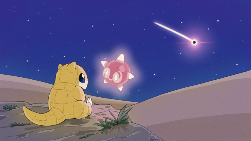 blue_eyes claws commentary_request gen_1_pokemon gen_7_pokemon highres minior night niiichi_21pk nintendo no_humans outdoors pokemon pokemon_(creature) sand sandshrew sitting sky star_(sky)