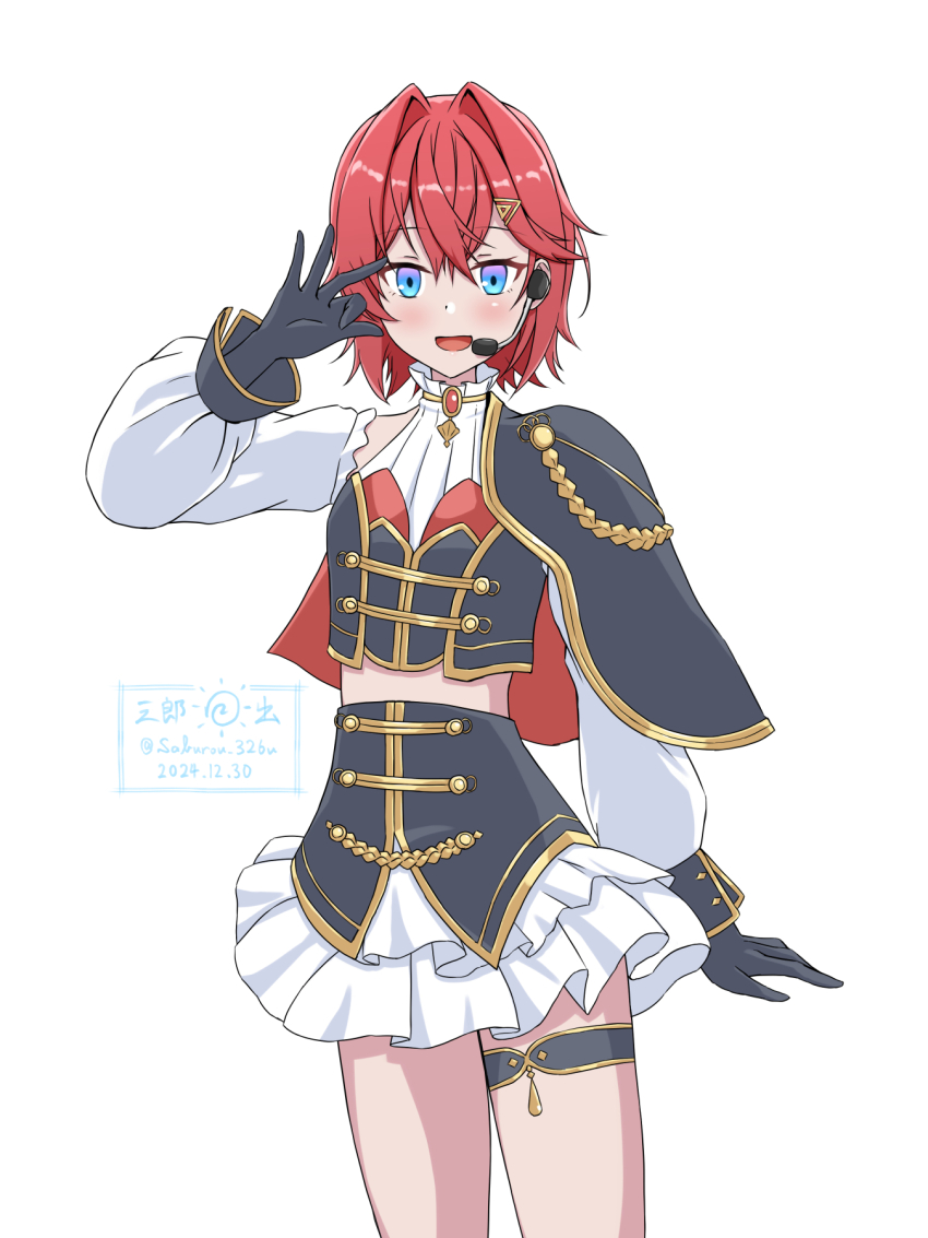 1girl :d aiguillette ange_katrina black_capelet black_gloves black_shirt black_skirt blue_eyes blush capelet clothing_cutout commentary_request cowboy_shot crossed_bangs dated frilled_skirt frills gloves gold_trim gradient_eyes hair_between_eyes hair_intakes hair_ornament hand_up headset highres idol_clothes layered_shirt layered_skirt long_sleeves looking_at_viewer medium_hair midriff miniskirt multicolored_eyes nijisanji nijisanji_idol_uniform open_mouth purple_eyes red_capelet red_hair saburou_hiji shirt shoulder_cutout side_capelet simple_background skirt sleeve_cuffs smile solo thigh_strap triangle_hair_ornament twitter_username two-sided_capelet virtual_youtuber white_background white_shirt white_skirt