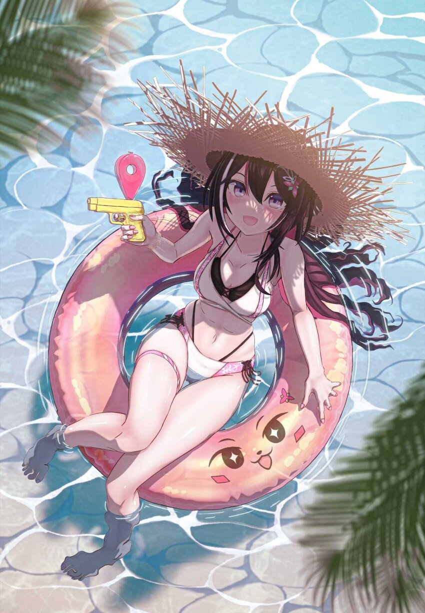 1girl azki_(hololive) barefoot bikini black_hair breasts cleavage collarbone colored_inner_hair commentary_request feet from_above halterneck hat highleg highleg_panties highres holding holding_water_gun hololive innertube kasoku_sato layered_bikini long_hair medium_breasts mole mole_under_eye multicolored_hair nail_polish navel on_water open_mouth palm_tree panties pink_hair pink_streaks purple_eyes side-tie_bikini_bottom solo straw_hat streaked_hair string_panties sun_hat swim_ring swimsuit thigh_strap toes tree underwear very_long_hair virtual_youtuber water_gun wet wet_hair white_streaks