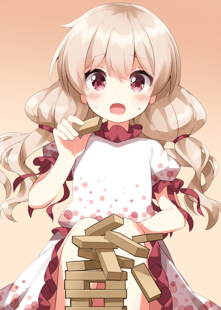 1girl :o blonde_hair blush commentary_request ebisu_eika failure foot_out_of_frame gradient_background highres jenga knees_up long_hair low_twintails open_mouth orange_background playing_games red_eyes ruu_(tksymkw) shirt short_sleeves sitting skirt skirt_set solo sweat touhou twintails white_shirt white_skirt