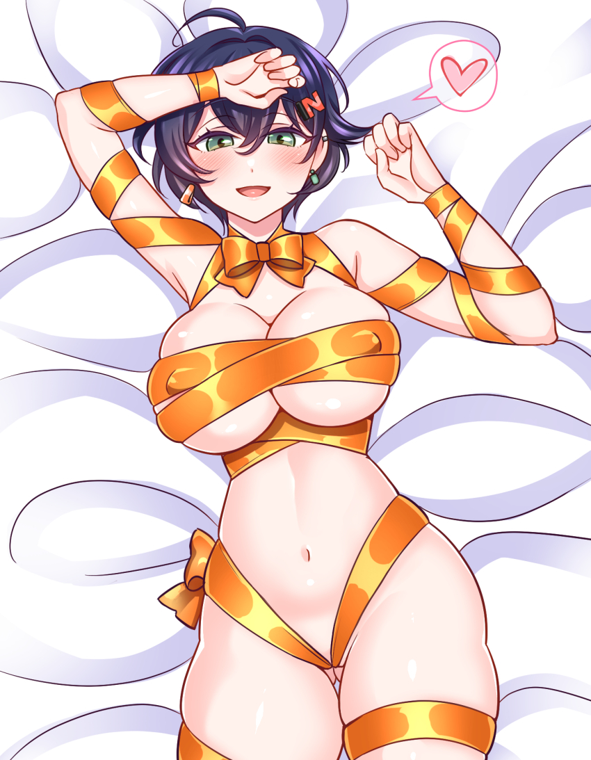 1girl ahoge belle_(zenless_zone_zero) blue_hair blush breasts commentary_request green_eyes hair_ornament hairclip heart highres large_breasts looking_at_viewer naked_ribbon ribbon short_hair solo spoken_heart yakisobapan_tarou_&amp;_negitoro-ko zenless_zone_zero