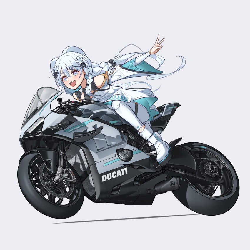 1girl :d absurdres aurora_project black_necktie blue_eyes blue_hair braid dress ducati hayashi_iro highres light_blue_hair long_hair looking_at_viewer motor_vehicle motorcycle necktie on_motorcycle open_mouth outstretched_arm pants riding simple_background smile solo v virtual_youtuber white_background white_dress white_footwear white_pants wide_sleeves yeong_r6