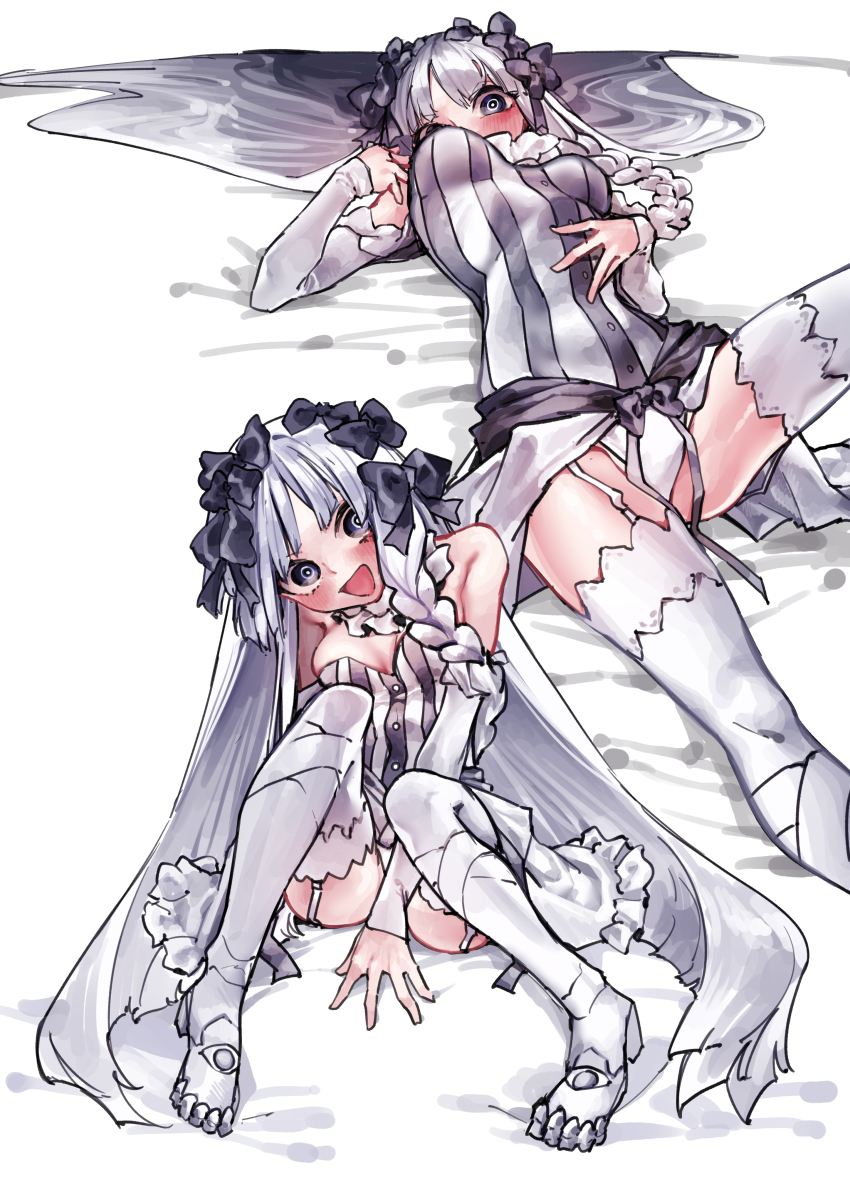 1girl absurdres bare_shoulders black_bow black_eyes blush bow braid breasts collar detached_sleeves dress fate/strange_fake fate_(series) francesca_prelati_(fate) frilled_collar frills garter_straps grey_hair hair_bow high_heels highres long_hair looking_at_viewer lying medium_breasts multiple_views on_back open_mouth panties parted_bangs ringed_eyes sidelocks sitting smile striped_clothes striped_dress thighhighs thighs underwear very_long_hair vivo_(vivo_sun_0222) white_dress white_panties white_thighhighs