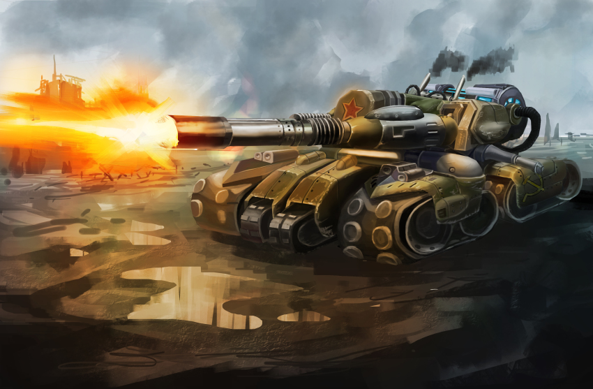 apocalypse_tank artist_request caterpillar_tracks cloud command_&amp;_conquer command_&amp;_conquer:_red_alert command_&amp;_conquer:_red_alert_3 day hammer_and_sickle highres military military_vehicle motor_vehicle no_humans red_alert_3 ruins sky smoke tank vehicle_focus