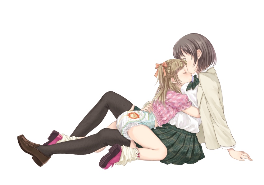 2girls absurdres age_difference ass black_skirt black_thighhighs breast_pillow brown_shoes closed_eyes commentary_request diaper highres hug jacket loli long_hair multiple_girls no_pants nozomi_(user_mppn7334) onee-loli original pink_shirt pink_shoes plaid_clothes plaid_skirt ribbon shirt shoes short_hair sitting skirt socks straddling thighhighs thighs two_side_up white_jacket white_shirt white_socks yuri