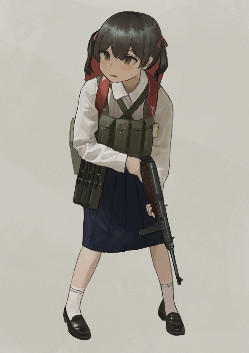 1girl absurdres ammunition_pouch backpack bag black_footwear black_hair blue_skirt chest_rig dog_tags garoppui gun hair_ribbon highres loafers looking_to_the_side mp40 open_mouth original pleated_skirt pouch randoseru ribbon school_uniform shirt shoes short_twintails simple_background skirt socks striped_clothes striped_socks submachine_gun sweatdrop twintails weapon white_shirt white_socks