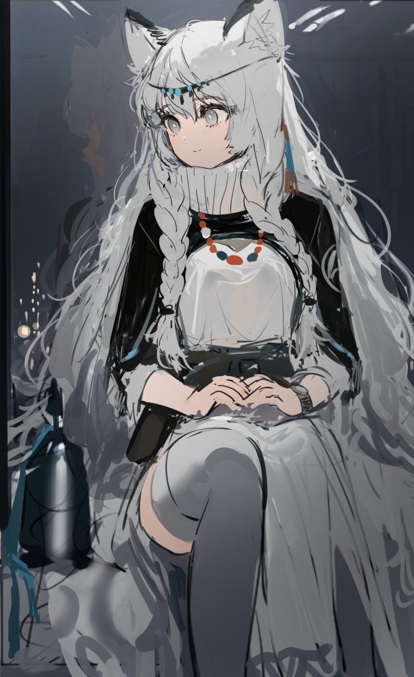 1girl animal_ear_fluff animal_ears arknights bead_necklace beads bell black_capelet braid capelet circlet closed_mouth commentary_request dress feet_out_of_frame grey_eyes grey_hair grey_thighhighs hair_between_eyes highres hoojiro jewelry long_hair looking_to_the_side necklace pramanix_(arknights) side_braids sitting sketch smile snow_leopard_ears snow_leopard_girl snow_leopard_tail solo thighhighs turtleneck twin_braids very_long_hair watch white_dress