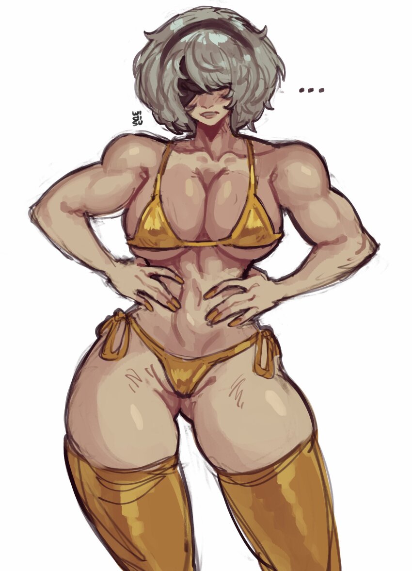 1girl 2b_(nier:automata) bikini black_hairband blindfold breasts cleavage collarbone commentary cowboy_shot facing_viewer fingernails gluteal_fold gold_bikini gold_thighhighs grey_hair hairband hands_on_own_hips highres large_breasts micro_bikini muscular muscular_female nier:automata nier_(series) parted_bangs partially_visible_vulva short_hair side-tie_bikini_bottom simple_background smile solo swept_bangs swimsuit thighhighs thighs white_background widisu