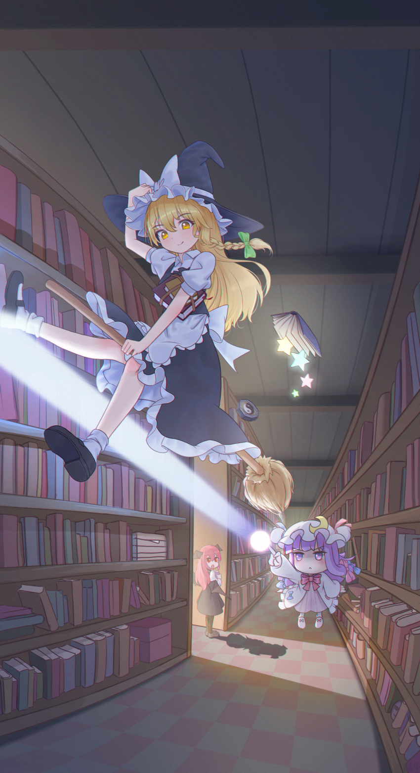 3girls :< absurdres aiming apron bat_wings black_dress black_pantyhose black_shoes black_skirt black_vest book bookshelf bow braid broom broom_riding checkered_floor chibi crescent crescent_hat_ornament dodging dress finger_gun flying green_bow hat hat_ornament head_wings highres holding holding_book kirisame_marisa koakuma laser light_blush long_hair magic mini-hakkero mob_cap multiple_girls open_book open_mouth pantyhose patchouli_knowledge purple_dress purple_eyes purple_hair purple_hat red_eyes red_hair shoes short_sleeves single_braid skirt smile socks star_(symbol) sweatdrop toorooo touhou vest white_apron white_bow white_socks wings witch_hat yellow_eyes yin_yang
