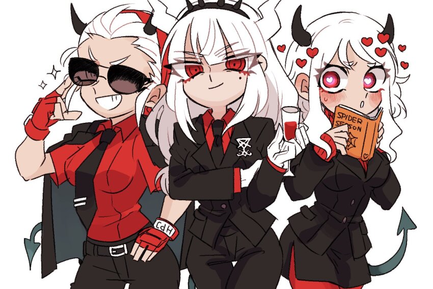 3girls adjusting_eyewear black_hairband black_horns black_necktie black_suit book breasts commentary cup demon_girl demon_horns demon_tail drinking_glass fingerless_gloves formal_clothes gloves grin hairband hand_on_own_hip hashtag-only_commentary heart heart-shaped_pupils helltaker holding holding_book holding_cup horns jacket jacket_on_shoulders justice_(helltaker) large_breasts lucifer_(helltaker) medium_breasts miniskirt mma_gloves modeus_(helltaker) mole mole_under_eye multiple_girls mutsuki_(mutuki05) necktie pink_hair red_eyes red_hairband red_shirt shirt side_slit skirt sleeves_past_wrists smile suit sunglasses sweatdrop symbol-shaped_pupils tail thigh_gap white_hair white_horns wine_glass