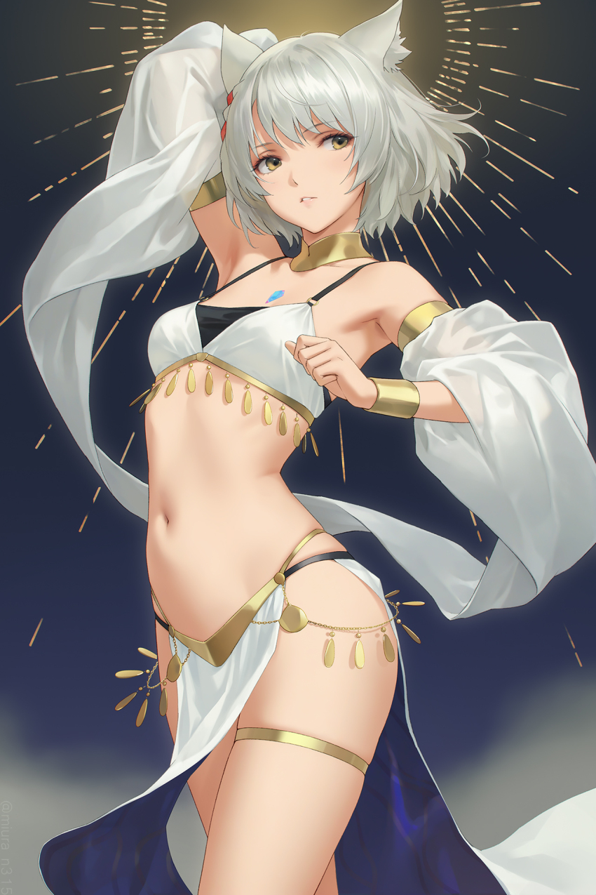 1girl alternate_costume animal_ears armpits bracer cat_ears chest_jewel dancer dancing gold_bracer gold_thighlet grey_hair highres jewelry mio_(xenoblade) miura-n315 navel parted_lips pelvic_curtain shawl solo stomach thighlet xenoblade_chronicles_(series) xenoblade_chronicles_3