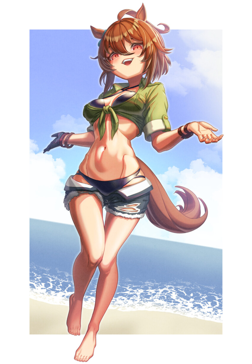 1girl agnes_tachyon_(lunatic_lab)_(umamusume) agnes_tachyon_(umamusume) ahoge animal_ears beach bikini black_bikini blue_sky blush breasts brown_hair cloud commentary_request creape criss-cross_halter full_body green_jacket hair_between_eyes halterneck highres horse_ears horse_girl horse_tail jacket leather_wrist_straps medium_breasts medium_hair navel ocean official_alternate_costume open_clothes open_mouth open_shorts outdoors red_eyes shorts sky smile solo stomach swimsuit tail teeth tied_jacket torn_clothes torn_shorts umamusume upper_teeth_only water wrist_straps