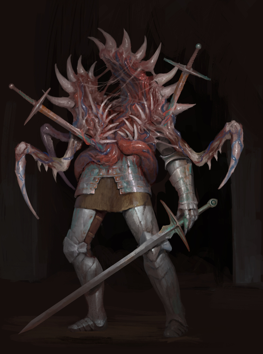 1other ambiguous_gender armor armored_boots bad_id bad_twitter_id body_horror boots claws creature full_armor full_body gauntlets helm helmet highres holding holding_sword holding_weapon horror_(theme) impaled knight oleg_bulakh open_mouth original planted planted_sword planted_weapon saliva sword teeth tentacles weapon