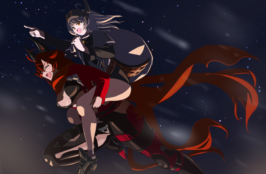 2girls :d ahoge antenna_hair black_bow black_dress black_jacket black_pants black_shoes bow breasts carrying cleavage cloak closed_eyes clothing_cutout commentary_request crotch_plate cure_barlow double-parted_bangs dress fang full_body goddess_of_victory:_nikke hair_between_eyes head-mounted_display highres hip_vent holding holding_sack horns jacket large_breasts leather leather_jacket leather_pants leg_cutout long_hair long_sleeves mechanical_horns multiple_girls night open_clothes open_jacket open_mouth pants piggyback pointing pointing_forward red_hair red_hood_(nikke) red_jacket red_scarf running sack scarf shoes sidelocks skin_fang smile snow_white_(innocent_days)_(nikke) snow_white_(nikke) snowing suspenders unzipped very_long_hair white_cloak white_hair yellow_eyes zipper