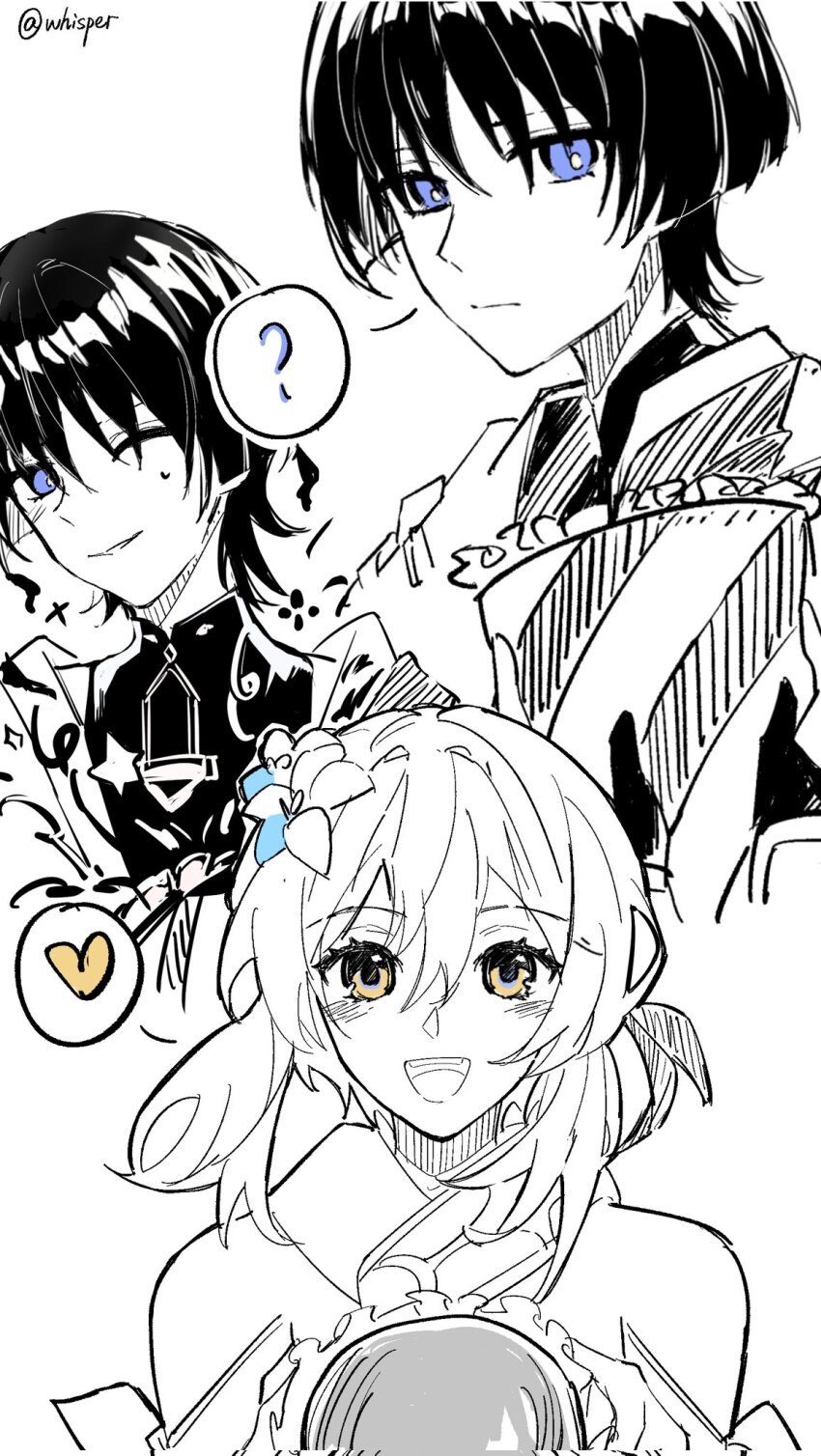 1boy 1girl ? bare_shoulders blunt_ends blush bodysuit bouquet cape closed_mouth feather_hair_ornament feathers flower genshin_impact giving greyscale hair_flower hair_ornament heart highres holding holding_bouquet japanese_clothes kimono looking_at_viewer lumine_(genshin_impact) mandarin_collar monochrome multiple_views one_eye_closed open_mouth parted_lips purple_eyes scaramouche_(genshin_impact) scarf short_hair short_hair_with_long_locks shoulder_peek sidelocks speech_bubble split_mouth spoken_heart spoken_question_mark spot_color sweatdrop teeth tongue twitter_username upper_teeth_only wanderer_(genshin_impact) whisper_(suisuibingtang) white_background wispy_bangs yellow_eyes