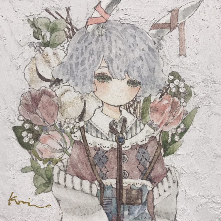 1girl absurdres blunt_bangs blush bouquet buttons closed_mouth commentary_request expressionless flower green_eyes grey_hair highres karintoun long_sleeves looking_at_viewer original painting_(medium) pale_skin plant portrait ribbon short_hair sidelocks signature simple_background straight-on sweater traditional_media watercolor_(medium) white_background