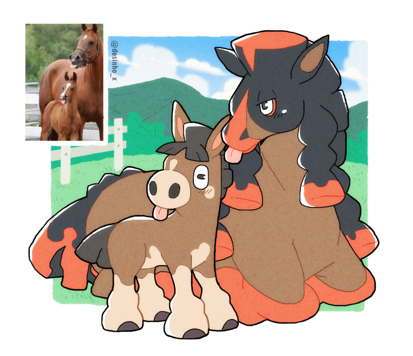 animal_focus blue_sky cloud commentary day english_commentary evolutionary_line fence gen_7_pokemon highres horse mudbray mudsdale nintendo no_humans nostrils outdoors photo-referenced pokemon pokemon_(creature) pokemon_focus reference_inset sky studiompup tongue tongue_out