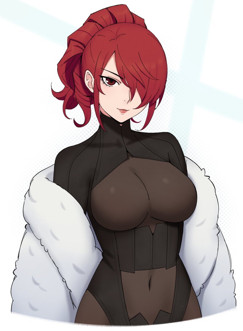1girl absurdres black_bodysuit bodysuit breasts closed_mouth coat commentary covered_navel edmonmondo english_commentary eyelashes fur_coat hair_over_one_eye high_ponytail highres kirijou_mitsuru large_breasts looking_at_viewer open_clothes open_coat parted_bangs persona persona_4:_the_ultimate_in_mayonaka_arena pink_lips ponytail red_eyes red_hair sidelocks smile solo standing upper_body white_background white_coat