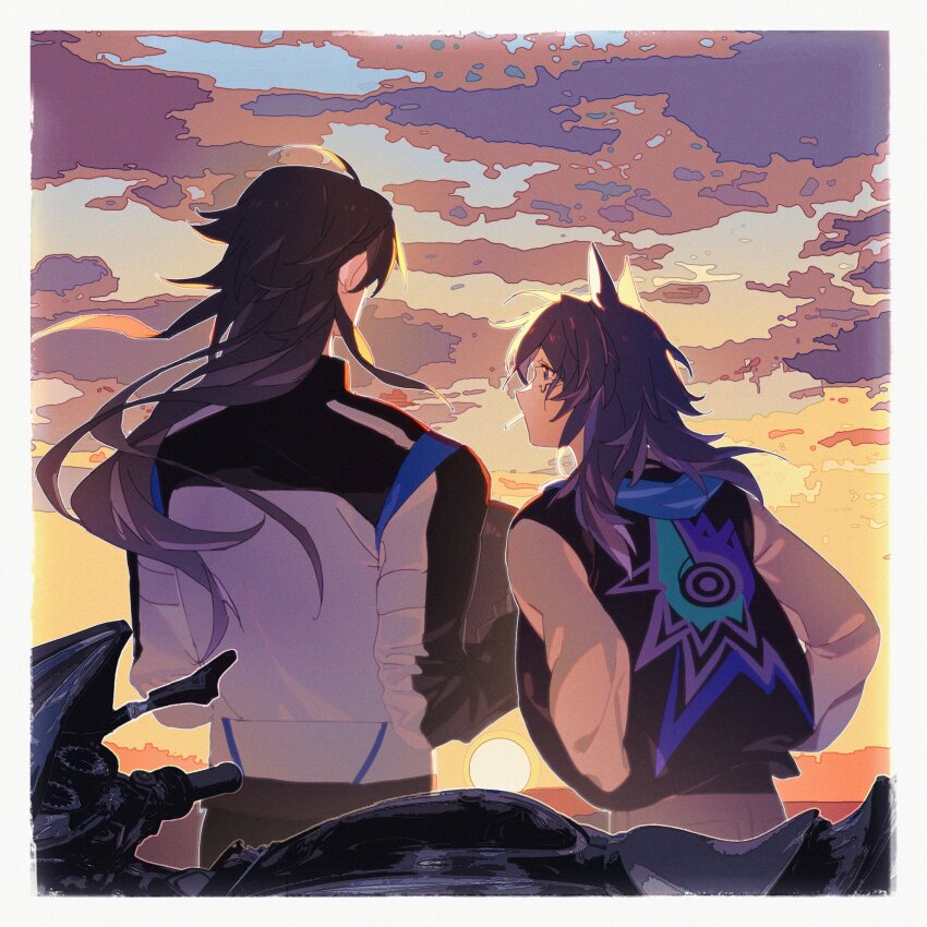 2boys ahoge animal_ears bat_ears biker_clothes black_hair black_jacket blue_eyes border capitano_(genshin_impact) closed_mouth cloud facial_mark facing_away floating_hair from_behind genshin_impact gradient_sky hands_in_pockets hashtag-only_commentary highres jacket letterman_jacket long_hair long_sleeves looking_at_another looking_to_the_side male_focus medium_hair motor_vehicle motorcycle multicolored_jacket multiple_boys ororon_(genshin_impact) print_jacket purple_hair sang_sha sky standing sun sunset two-tone_jacket white_border white_jacket