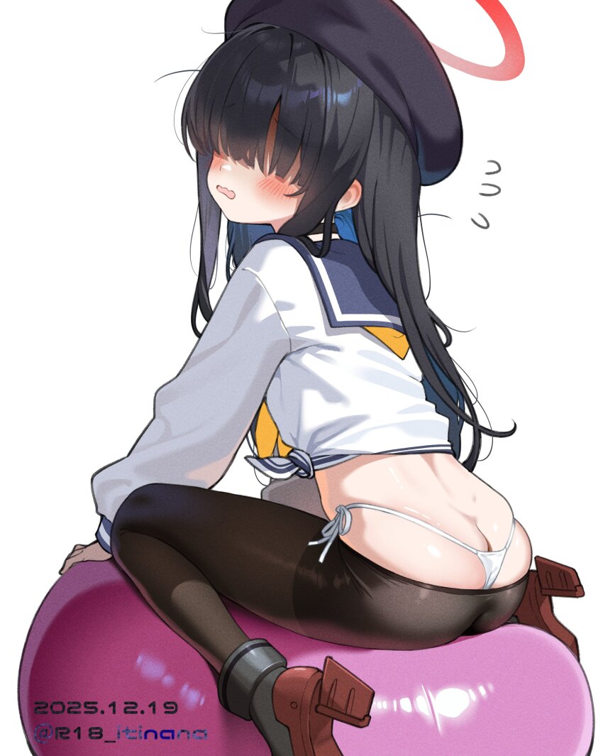 1girl absurdres ass black_hair black_pantyhose blue_archive blue_sailor_collar cosplay dress faceless faceless_female from_behind hair_over_eyes halo hat highres itinana justice_task_force_member_(blue_archive) kantai_collection loli long_hair long_sleeves lowleg lowleg_pantyhose neckerchief no_pants panties pantyhose sailor_collar sailor_dress school_uniform second-party_source serafuku solo tokitsukaze_(kancolle) tokitsukaze_(kancolle)_(cosplay) underwear very_long_hair white_panties yellow_neckerchief