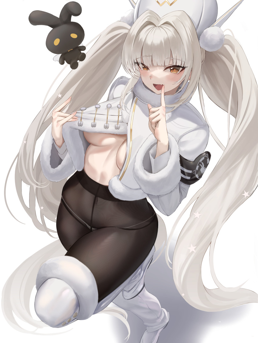 1girl absurdres black_pantyhose blanc_(fortune_express)_(nikke) blanc_(nikke) boots breasts coat commentary_request fur-trimmed_boots fur_trim goddess_of_victory:_nikke hat highres long_hair looking_at_viewer medium_breasts midriff official_alternate_costume official_alternate_hairstyle panties panties_under_pantyhose pantyhose sami_(ami12702752) simple_background solo teasing twintails underwear very_long_hair white_background white_boots white_coat white_hair white_hat white_panties winter_clothes winter_coat yellow_eyes