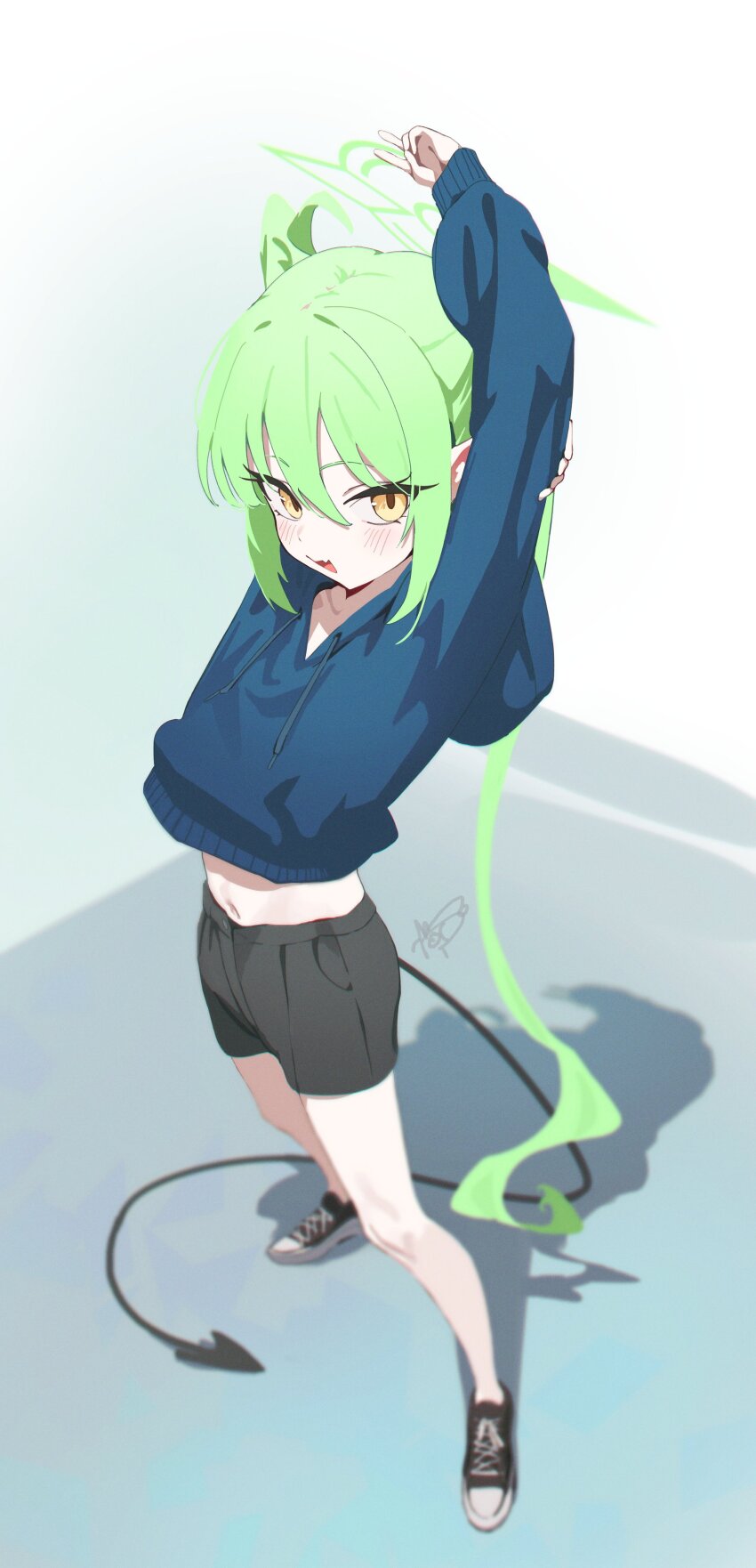 1girl absurdres black_shorts black_tail blue_archive dan_nako demon_tail fang full_body green_hair green_halo hair_between_eyes halo highres hood hood_down hoodie long_sleeves looking_at_viewer midriff navel nozomi_(blue_archive) pointy_ears shoes shorts skin_fang sneakers solo standing tail yellow_eyes