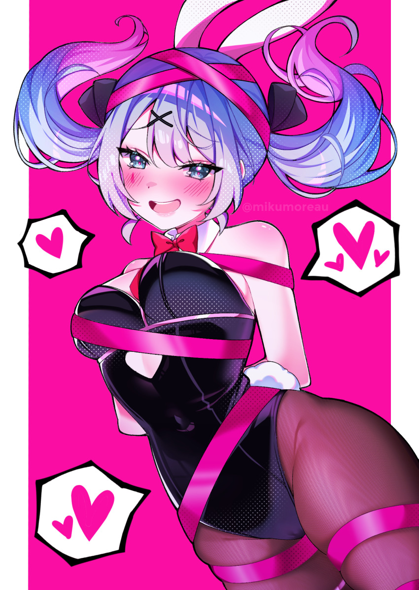 animal_ears aqua_eyes arms_behind_back black_leotard black_ribbon blue_hair blush bound bow bowtie breasts brown_pantyhose commentary detached_collar english_commentary eyelashes fake_tail floating_hair hair_ribbon hatsune_miku heart highres leotard long_hair miku_day mikumoreau open_mouth pantyhose pink_background pink_pupils playboy_bunny rabbit_ears rabbit_hole_(vocaloid) rabbit_tail red_bow red_bowtie ribbon simple_background smile speech_bubble spoken_heart strapless strapless_leotard tail teeth thick_thighs thighs twintails upper_teeth_only vocaloid