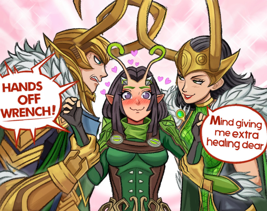 1boy 2girls @_@ alternate_form anger_vein antennae arguing armor bisexual_female black_hair blush cape commentary dual_persona english_commentary english_text fake_horns fingerless_gloves fur-trimmed_cape fur_trim gloves gold_gloves gold_helmet grabbing_another's_arm green_armor green_eyes guardians_of_the_galaxy hair_slicked_back heart helmet horned_headwear horned_helmet horns lady_loki loki_(marvel) long_hair looking_at_another looking_at_viewer love_triangle mantis_(marvel) marvel marvel_rivals multiple_girls neggoartz official_alternate_costume open_mouth pink_background pointy_ears profile purple_eyes red_lips speech_bubble thor_(marvel)_(series)