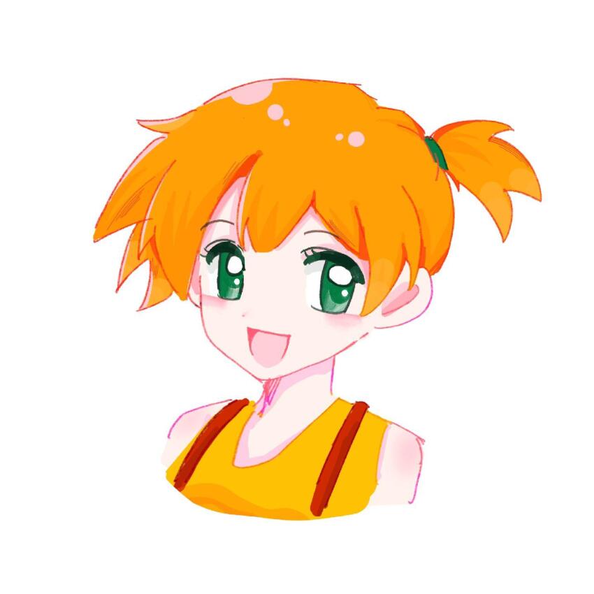 1girl :d artist_request bare_shoulders blush child eyelashes green_eyes hair_tie happy looking_at_viewer misty_(pokemon) nintendo open_mouth orange_hair pokemon pokemon_(anime) pokemon_(classic_anime) ponytail shirt short_hair side_ponytail simple_background sleeveless sleeveless_shirt smile solo source_request suspenders upper_body white_background yellow_shirt