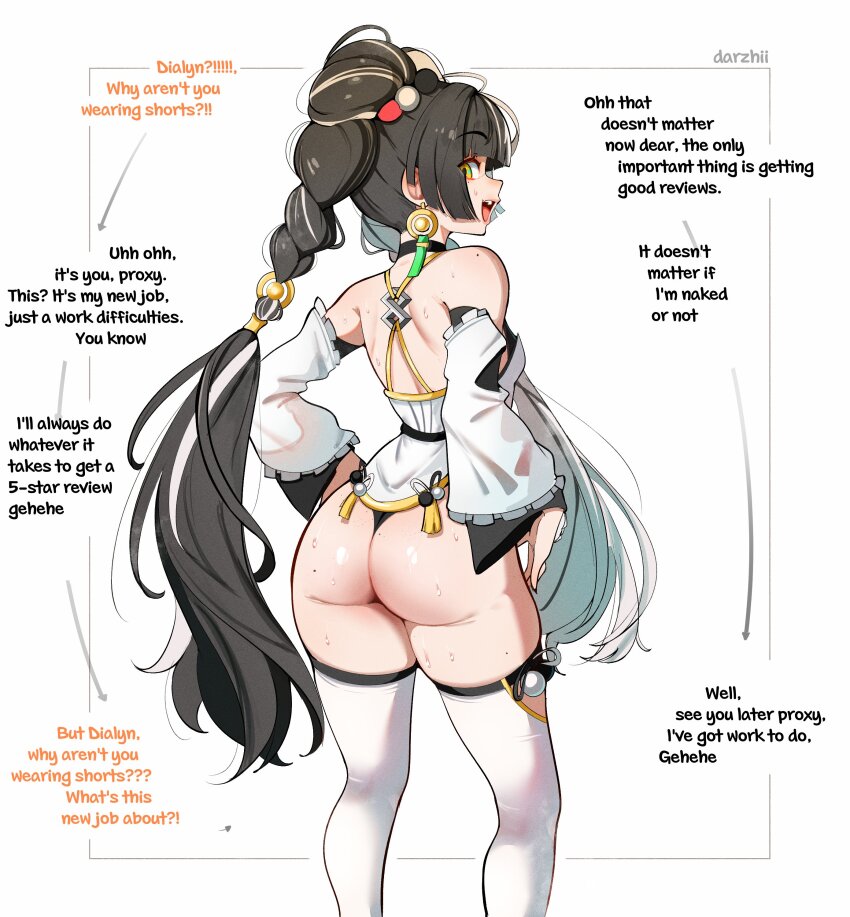 1girl absurdres artist_name back bare_shoulders black_choker black_hair black_panties black_sleeves blunt_bangs braid braided_twintails bullxon china_dress chinese_clothes choker commentary contrapposto detached_sleeves dialyn_(zenless_zone_zero) dress earrings english_commentary english_text frilled_sleeves frills from_behind hair_bobbles hair_extensions hair_ornament highres jewelry layered_sleeves long_hair long_sleeves looking_at_viewer looking_back microdress mole mole_on_shoulder multicolored_hair no_pants open_mouth panda_hair_ornament panties ring_hair_extensions skindentation solo split-color_hair sweat talking thighhighs thong underwear very_long_hair white_dress white_hair white_sleeves white_thighhighs yellow_eyes zenless_zone_zero