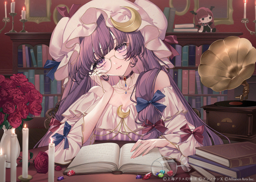 1girl bare_shoulders black_choker blue_bow blunt_bangs blurry blurry_background book bookshelf bow breasts candle chain choker choker_jewel cleavage commentary_request crescent crescent_hat_ornament crescent_necklace cup doll dress drinking_glass eyewear_strap fingernails flower flower_pot frilled_dress frilled_sleeves frills gem glasses gold_chain gold_trim hair_bow hand_up hands_on_table hat hat_ornament head_tilt highres indoors jewelry koakuma light_smile lips long_fingernails long_hair long_sleeves looking_at_viewer mob_cap necklace neko-san_(dim.dream) open_book patchouli_knowledge phonograph pile_of_books pink_hat portrait purple_eyes purple_hair red_bow red_flower red_rose rose round_eyewear semi-rimless_eyewear sidelocks sleeve_bow solo strapless strapless_dress striped_clothes striped_dress touhou touhou_danmaku_kagura upper_body wine_glass