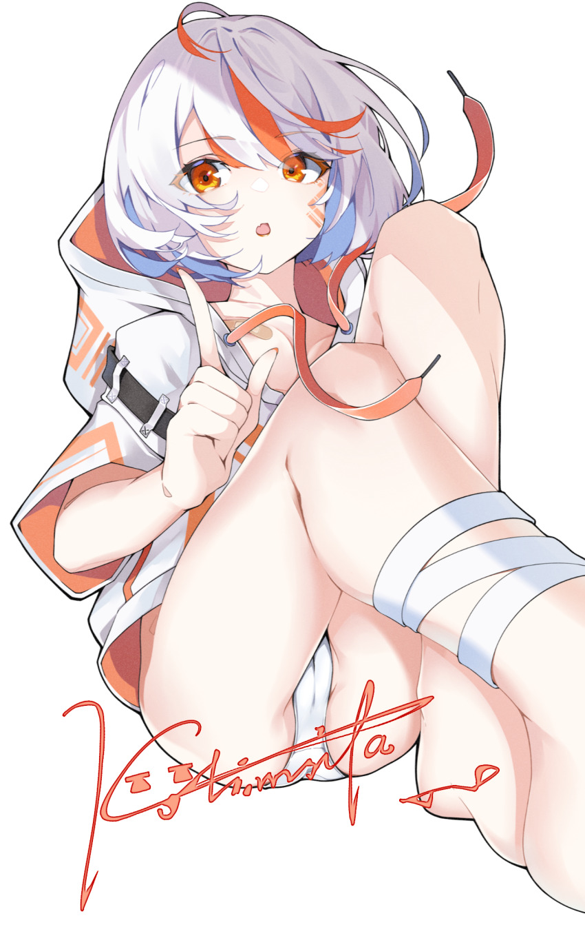 1girl :o bandaid bandaids_on_nipples breasts cameltoe commentary drawstring facial_mark hand_up highres hood hood_down hoodie index_finger_raised kolimiya legs looking_at_viewer medium_breasts multicolored_hair open_mouth orange_eyes orange_streaks original panties parted_bangs pasties short_hair short_sleeves signature simple_background solo streaked_hair swept_bangs underwear white_background white_hair white_hoodie white_panties