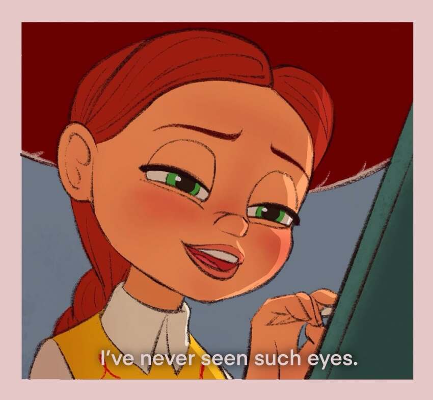 1girl aliz_reka border english_text green_eyes hat jessie_the_yodeling_cowgirl long_hair open_mouth outside_border red_hair red_hat signature solo subtitled teeth toy_story toy_story_2 upper_teeth_only white_border