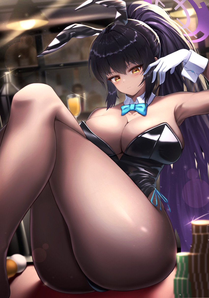 1girl absurdres animal_ears black_hair black_leotard blue_archive blue_bow blue_bowtie blurry bow bowtie breasts cleavage commentary_request dark-skinned_female dark_skin depth_of_field detached_collar eiryu33 fake_animal_ears feet_out_of_frame gloves hair_between_eyes halo highleg highleg_leotard highres huge_breasts indoors karin_(blue_archive) karin_(bunny)_(blue_archive) leotard looking_at_viewer number_tattoo official_alternate_costume pantyhose playboy_bunny poker_chip ponytail purple_halo rabbit_ears solo strapless strapless_leotard tattoo traditional_bowtie variant_set white_gloves white_wrist_cuffs wrist_cuffs yellow_eyes