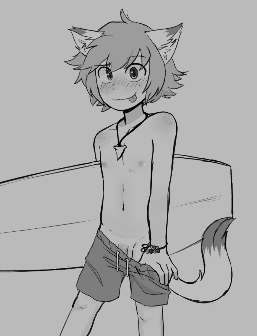 1boy animal_ears blush bracelet clothes_pull commission cropped_legs greyscale highres jewelry k0rocor3 male_focus male_swimwear monochrome necklace nipples original penis penis_peek short_hair shota solo surfboard swim_trunks tail tongue tongue_out tooth_necklace topless_male