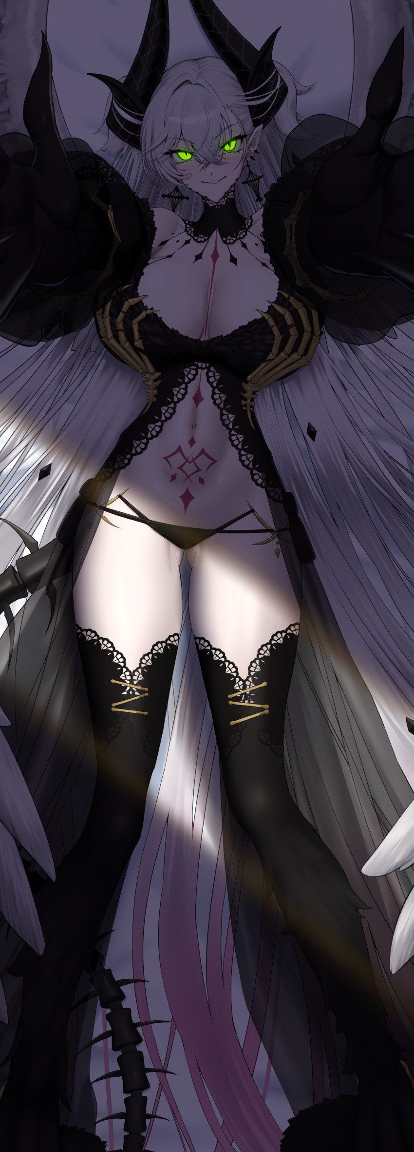 1girl absurdres ass babydoll bare_shoulders black_babydoll black_hands black_panties black_thighhighs body_markings breasts cleavage colored_extremities commentary_request crossed_bangs demon_girl demon_horns detached_collar earrings fate/grand_order fate_(series) feathered_wings fur_trim glowing glowing_eyes gluteal_fold green_eyes grey_hair grin hair_between_eyes highres horns jewelry lace_trim large_breasts lilith_(fate) lilith_(third_ascension)_(fate) long_hair long_sleeves looking_at_viewer lying navel on_back outstretched_arms panties pointy_ears puffy_long_sleeves puffy_sleeves revision shiroshisu skeletal_tail smile solo stomach_tattoo tail tattoo thighhighs thighs underwear very_long_hair wings