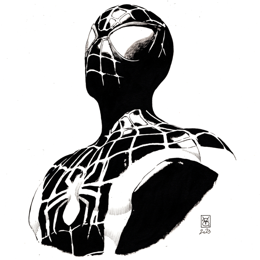 1boy 2023 animal_print artist_name black_bodysuit bodysuit commentary dated english_commentary greyscale highres marvel mask miles_morales monochrome multicolored_bodysuit print_bodysuit realistic signature silk solo spider-man_(miles_morales) spider-man_(series) spider_print spider_web spider_web_print superhero_costume two-tone_bodysuit upper_body valerio_giangiordano western_comics_(style) white_background