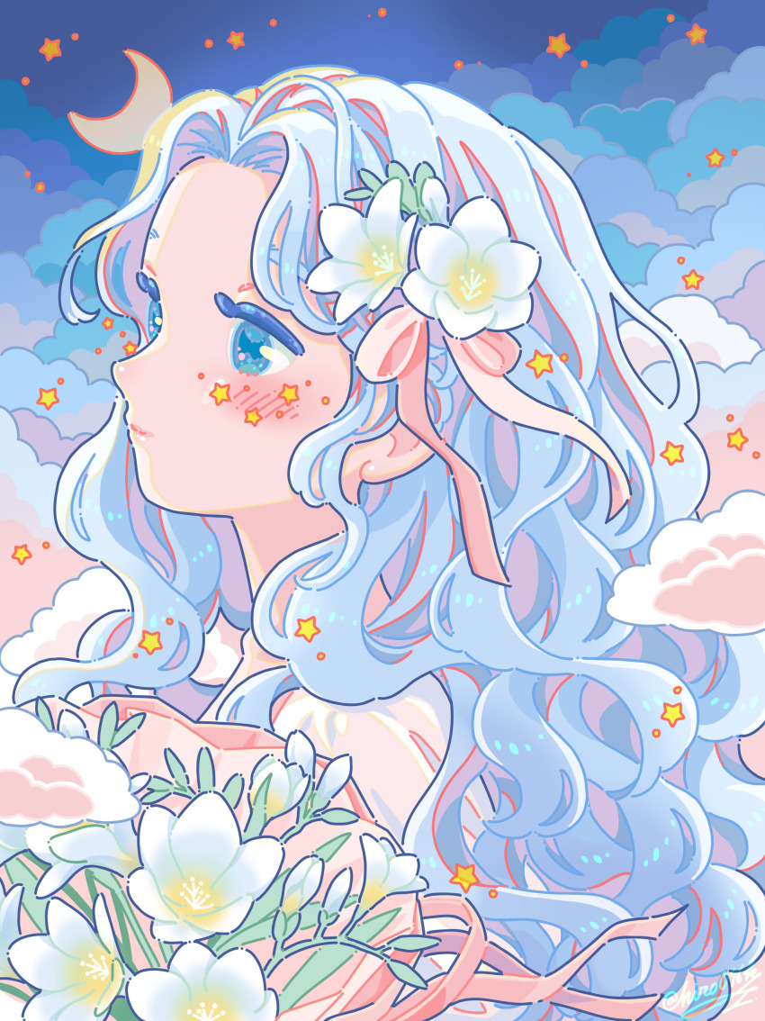 1girl absurdres blue_eyes blue_hair blush cloud commentary_request crescent_moon flower hair_flower hair_ornament hair_ribbon highres hiro046k long_hair moon original pink_ribbon ribbon sky solo star_(symbol) upper_body wavy_hair white_flower