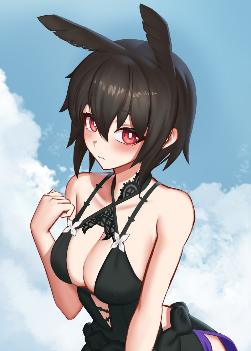 1girl absurdres bare_shoulders black_dress black_hair blue_sky blush breasts cleavage collarbone dress fate/grand_order fate_(series) head_wings highres large_breasts looking_at_viewer marinelime ortlinde_(fate) red_eyes short_hair sky solo upper_body valkyrie_(fate) wings