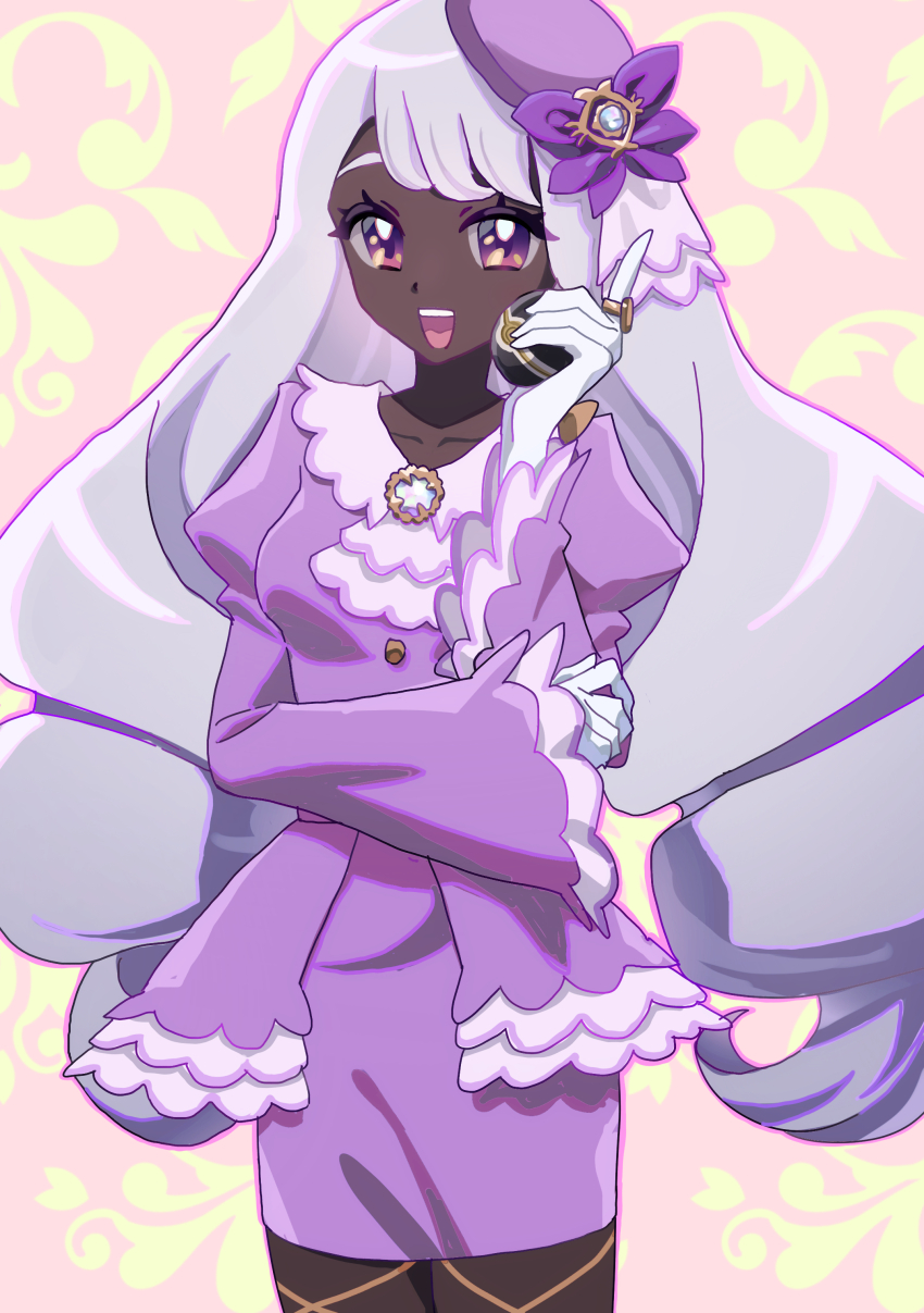 1girl absurdres collar collarbone commentary_request cowboy_shot dark-skinned_female dark_skin dress eyelashes fascinator frilled_collar frilled_jacket frilled_sleeves frills gloves hat highres holding holding_poke_ball index_finger_raised jacinthe_(pokemon) jacket jewelry long_hair long_sleeves luxury_ball mega_stone merunyuru nintendo open_mouth outline pink_outline poke_ball pokemon pokemon_legends:_z-a purple_dress purple_eyes purple_hair purple_hat purple_jacket ring smile solo teeth upper_teeth_only very_dark_skin white_gloves