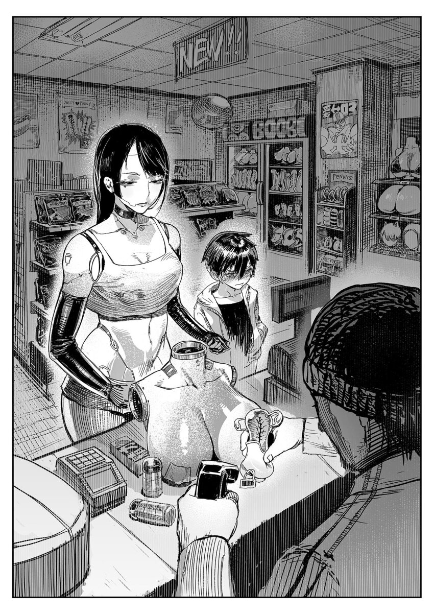 1girl 2boys age_difference android artificial_breasts artificial_vagina black_hair blush breasts cash_register crop_top elbow_gloves gloves hat highres holding_hands hood long_hair mechanical_arms medium_breasts monochrome multiple_boys navel onee-shota original robot_girl seams sex_toy shop short_shorts shorts shota sitakiding