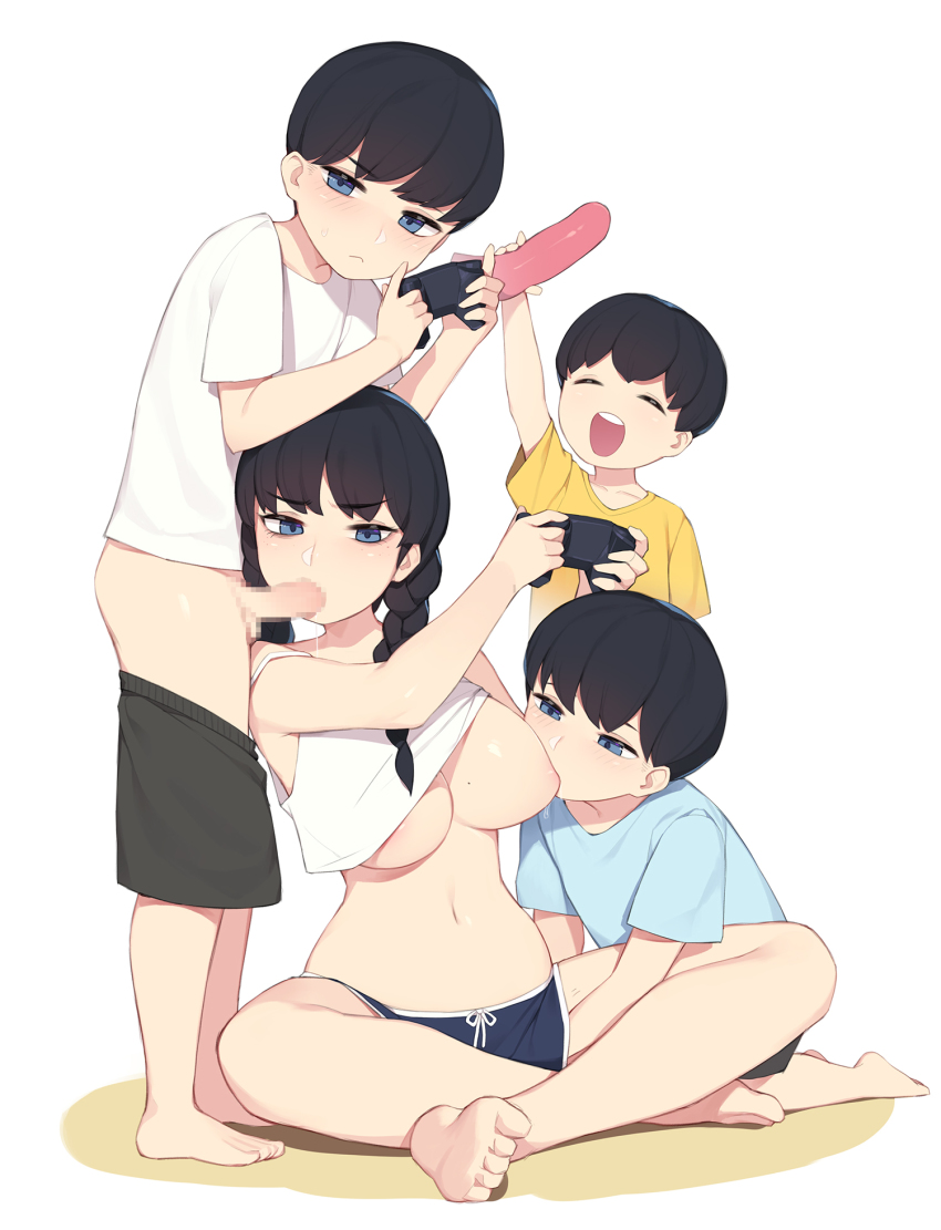 1girl 3boys ^_^ ^o^ age_difference akiyama_fumika_(pepper0) akiyama_minato_(pepper0) akiyama_toru_(pepper0) akiyama_yuto_(pepper0) barefoot black_hair blue_eyes blush braid breast_sucking breasts brother_and_sister brothers censored closed_eyes clothes_lift clothes_pull controller dildo erection expressionless feet fellatio fingering game_controller group_sex hand_under_clothes hetero highres incest indian_style kneeling large_breasts looking_at_viewer mosaic_censoring multiple_boys multitasking navel onee-shota oral original pants pants_pull penis pepper0 playing_games sex_toy shirt_lift shorts shota siblings sitting soles standing tank_top toes twin_braids