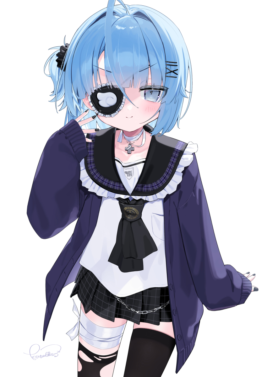 1girl ahoge ascot asymmetrical_legwear bandaged_leg bandaged_neck bandages black_ascot black_nails black_scrunchie black_skirt black_thighhighs blue_eyes blue_hair breast_pocket cardigan closed_mouth commentary_request cowboy_shot cross cross_necklace eyepatch hair_intakes hair_ornament hair_scrunchie highres jewelry koyubita long_sleeves looking_at_viewer medium_hair nail_polish necklace one_eye_covered one_side_up open_cardigan open_clothes original pleated_skirt pocket purple_cardigan scrunchie shirt simple_background skirt sleeves_past_wrists smile solo thighhighs torn_clothes torn_thighhighs uneven_legwear v-shaped_eyebrows white_background white_shirt x_hair_ornament