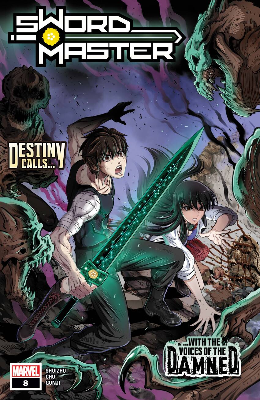 1boy 1girl absurdres artist_name bandages black_boots black_hair black_pants black_tank_top boots brown_eyes brown_hair chen_xiaoyun_(gunji) copyright_logo copyright_name cover cover_page english_text floating_hair headphones headphones_around_neck highres holding holding_sword holding_weapon jacket ji_shuangshuang lin_lie_(marvel) logo long_hair marvel monster muscular muscular_male official_art open_mouth pants purple_shirt shirt short_hair squatting sword sword_master_(marvel) tank_top undead weapon white_jacket