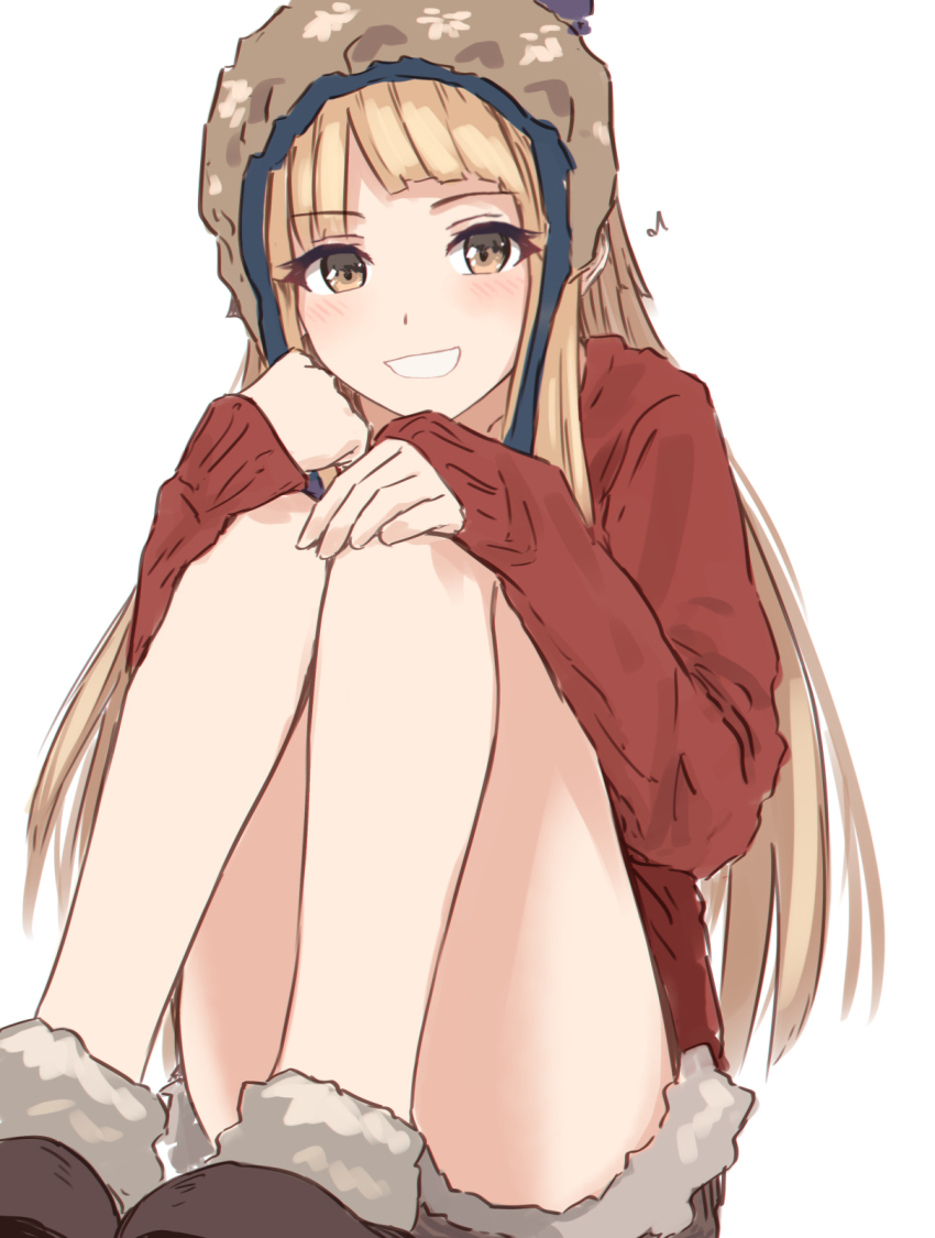 1girl bang_dream! bang_dream!_girls_band_party! black_boots blonde_hair boots brown_hat commentary fur-trimmed_boots fur-trimmed_shorts fur_trim grey_shorts grin hat highres long_sleeves looking_at_viewer red_sweater short_shorts shorts simple_background smile solo sweater tsurumaki_kokoro white_background yellow_eyes yukitake_(bullfalk)
