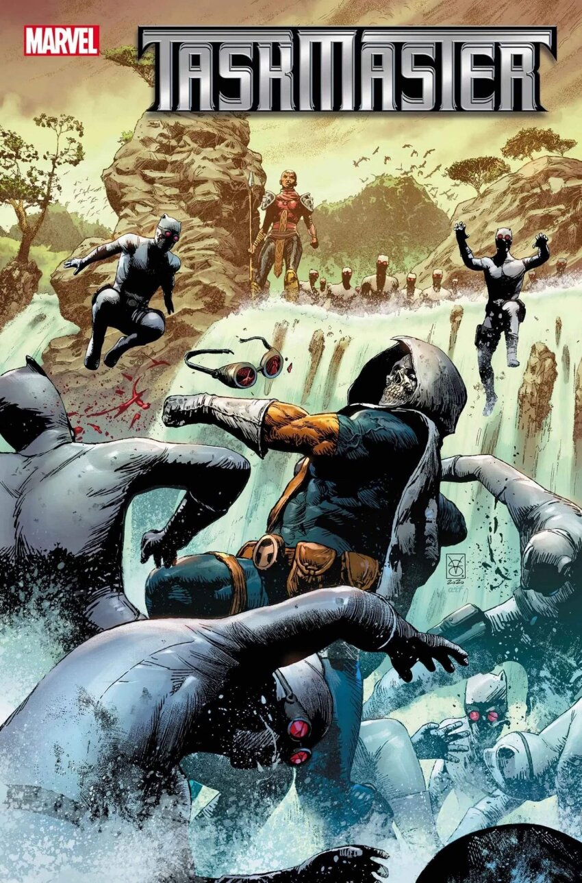 1girl 2020 6+boys afrofuturism armor army artist_name bald bald_female battle black_panther_(series) blood cape character_name clenched_teeth comic_cover commentary company_logo company_name dark_skin dated dynamic_pose english_commentary english_text gloves goggles highres holding holding_polearm holding_weapon hood marvel mask multiple_boys muscular nature official_art okoye outdoors polearm red_goggles river signature superhero_costume taskmaster teeth tree valerio_giangiordano wakanda water waterfall weapon western_comics_(style) yellow_armor