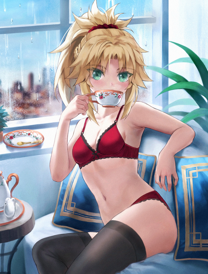 1girl bare_shoulders black_thighhighs blonde_hair bra braid breasts collarbone cup drinking fate/apocrypha fate_(series) green_eyes half_up_braid highres lace_trim long_hair looking_at_viewer midriff mordred_(fate) mordred_(fate/apocrypha) navel panties parted_bangs ponytail rain red_bra red_panties sidelocks small_breasts solo teacup thighhighs tonee underwear underwear_only