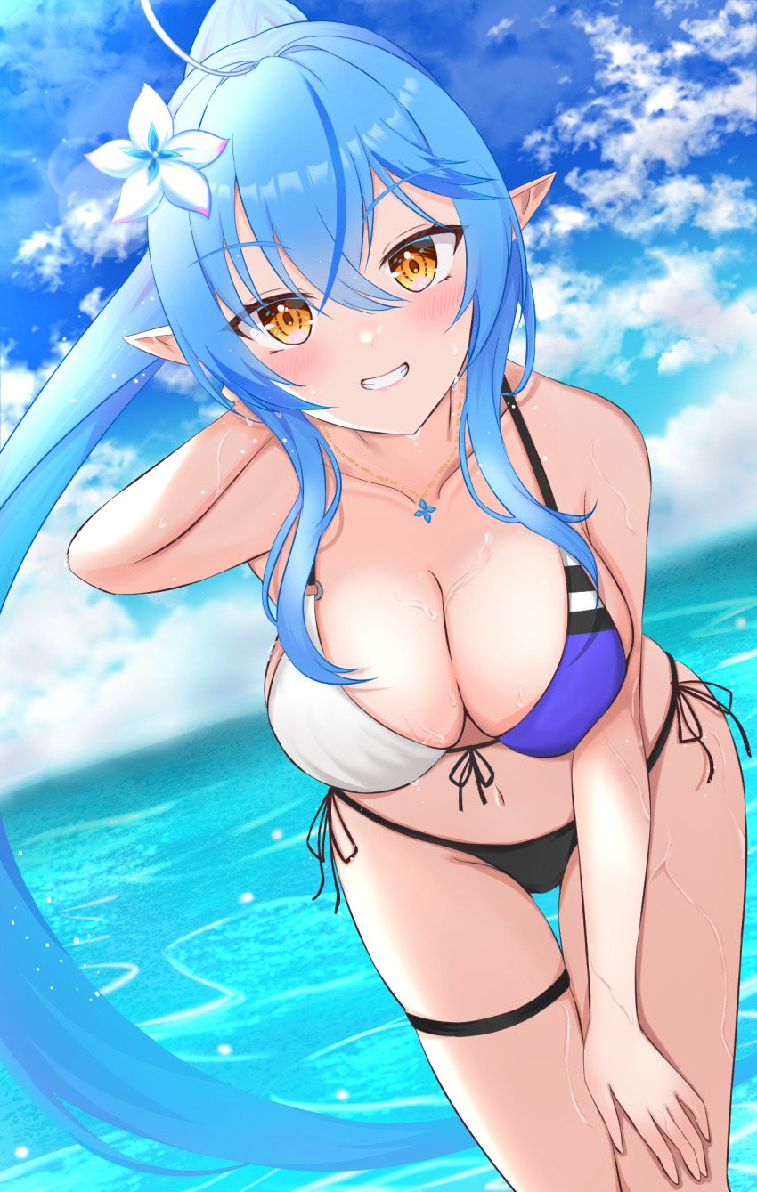 1girl ahoge arlonn bare_shoulders beach bikini blue_hair blush breasts cleavage cloud cloudy_sky collarbone commentary_request crossed_bangs cup day elf flower food front-tie_bikini_top front-tie_top hair_between_eyes hair_flower hair_ornament hand_on_own_thigh highres hololive large_breasts leaning_forward long_hair looking_at_viewer multicolored_hair navel ocean outdoors parted_lips pointy_ears ponytail side-tie_bikini_bottom sky smile solo stomach streaked_hair sunlight swimsuit teeth thigh_strap very_long_hair virtual_youtuber white_bikini yellow_eyes yukihana_lamy