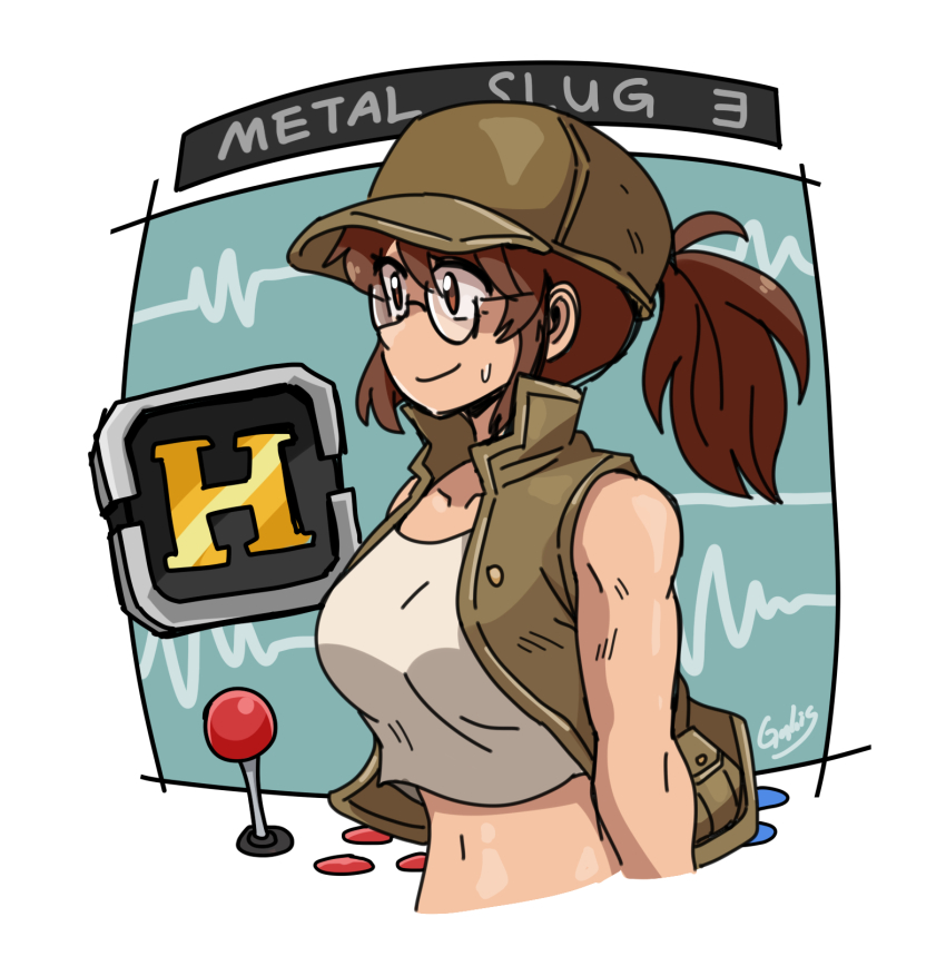 1girl arcade_stick baseball_cap breasts brown_eyes brown_hair brown_hat brown_vest commentary controller crop_top english_commentary fio_germi galois game_controller glasses hat highres joystick large_breasts metal_slug midriff navel ponytail profile signature smile solo sweatdrop toned toned_female upper_body vest