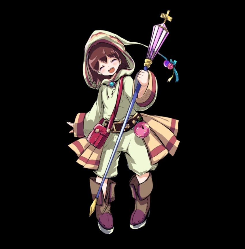 1girl :d ^_^ bag belt black_background blanca_(merc_storia) blush boots brown_belt brown_boots brown_hair closed_eyes flat_chest full_body hair_between_eyes head_tilt highres holding holding_staff hood hood_up hooded_shirt long_sleeves merc_storia merc_storia_art_team official_art open_mouth shirt short_hair shorts simple_background smile solo staff standing tachi-e teeth upper_teeth_only white_shirt white_shorts wide_sleeves